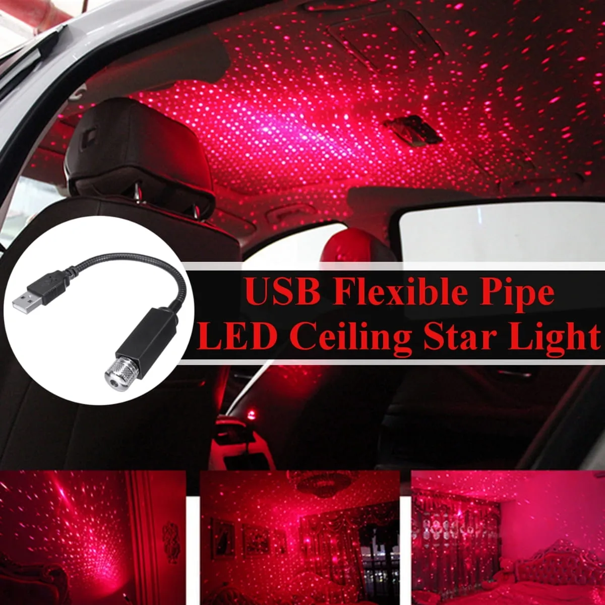 Car USB Atmosphere Ambient Light Star Projector(Red)