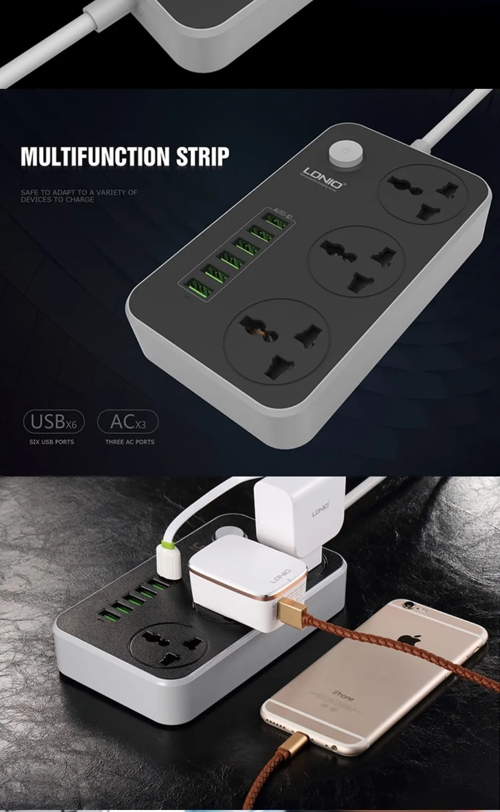 LDNIO AC Universal 3 Sockets 6 USB with EU UK US - image 4