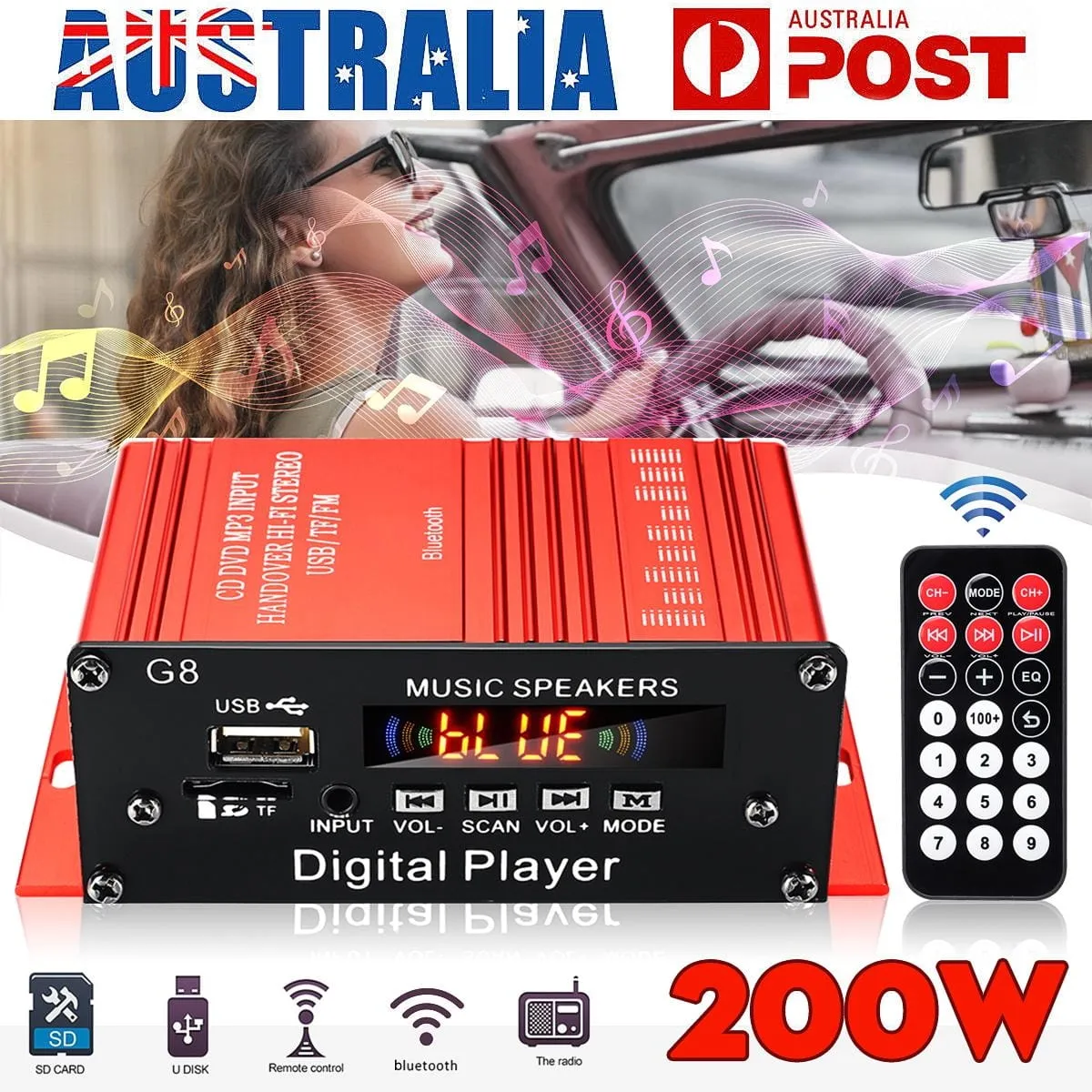 200W 12V Bluetooth Mini HiFi Digital Audio Power AMP