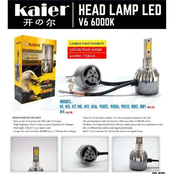 KAIER V6 LED BULB 6000k Car Headlight Hi/Lo 2 PCs - image 3