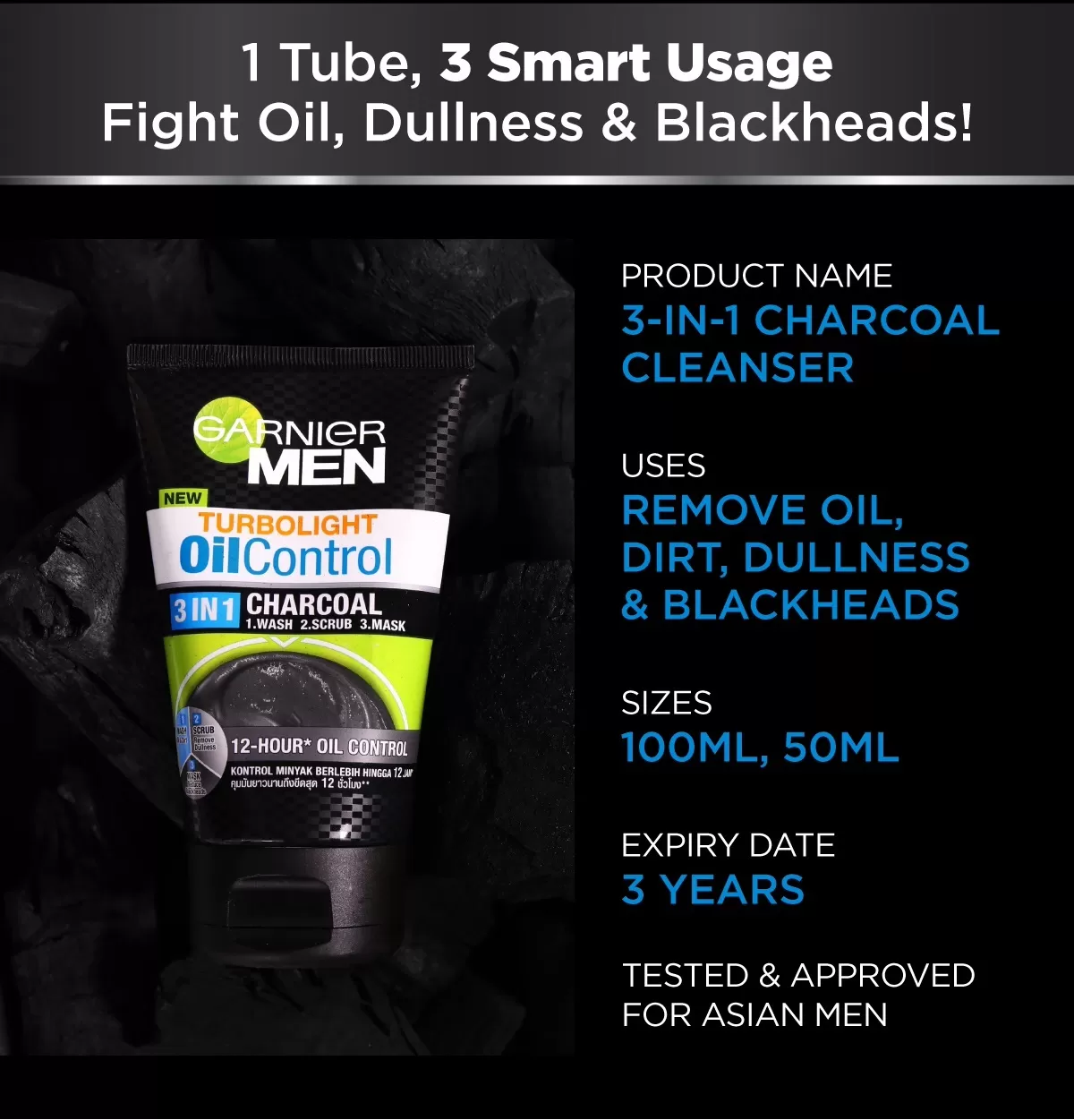 Garnier Men Turbo Oil Control 3 in1 Charcoal Face Wash - image 2