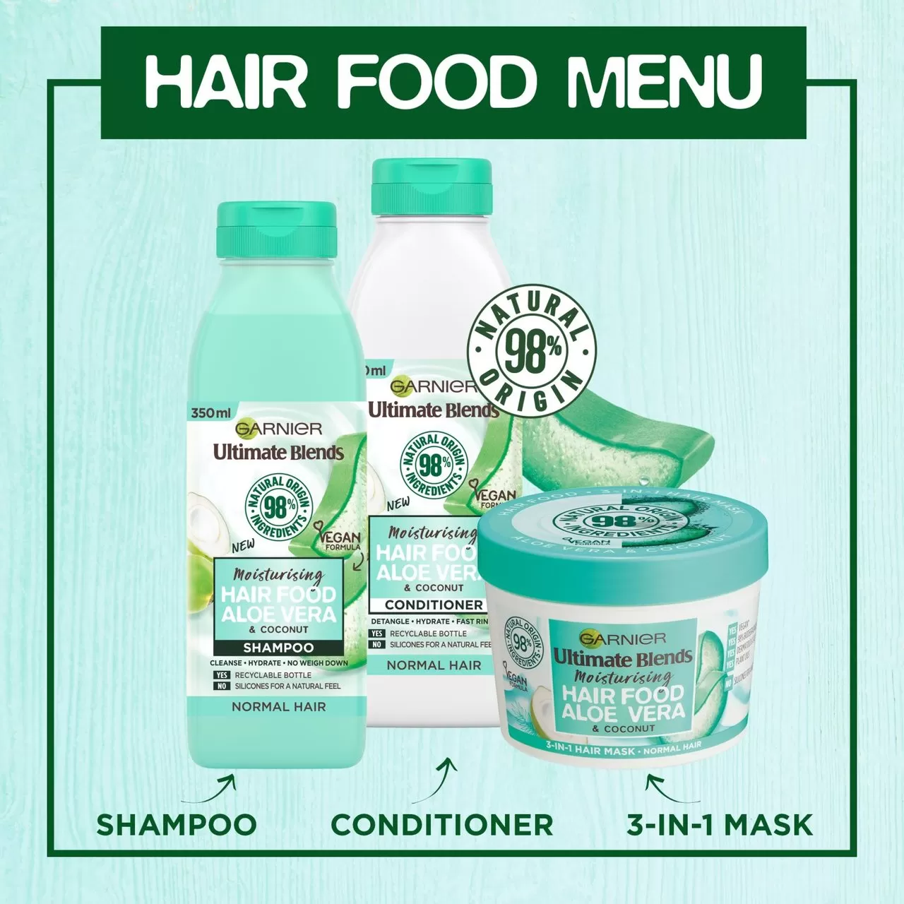 Garnier Hair Food Shampoo Conditioner 3 In 1 Aloe Vera - image 1