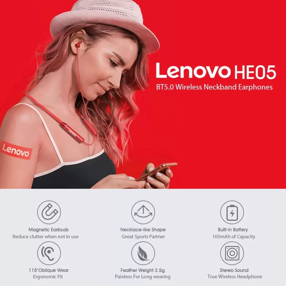 Lenovo HE05 Bluetooth Earphones Magnetic Neckband earbud - image 5