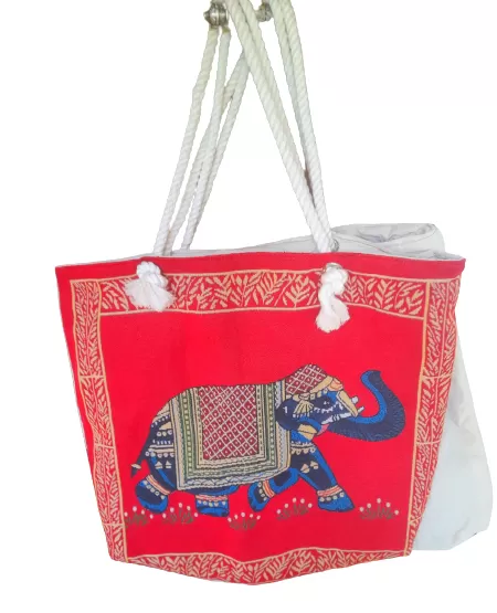 Ladies Peach Elephant Print Hand Woven bag,