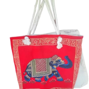 Ladies Peach Elephant Print Hand Woven bag,