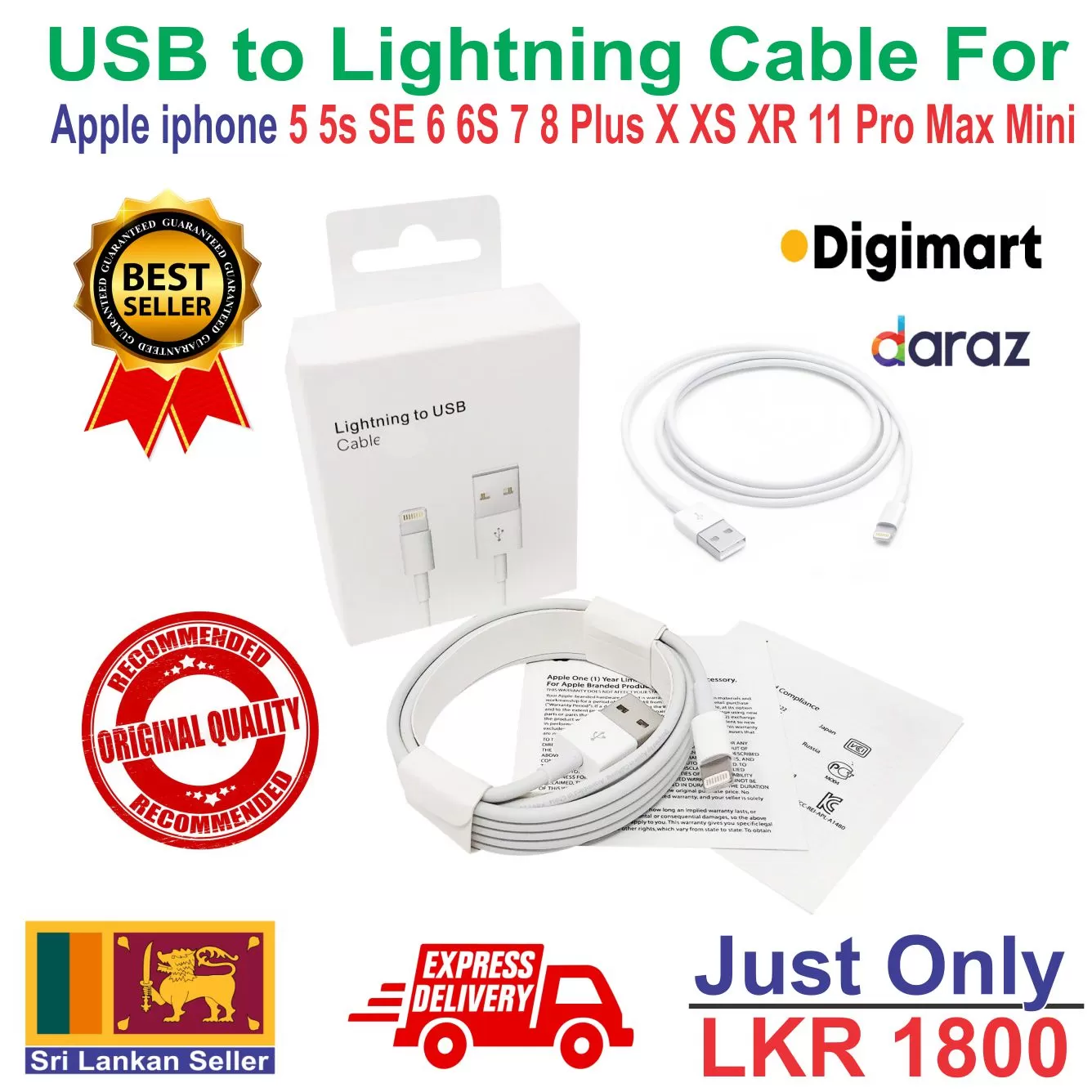 Lightning to USB Cable (1 m) iphone 5 to 11 Pro Max Mini - image 1