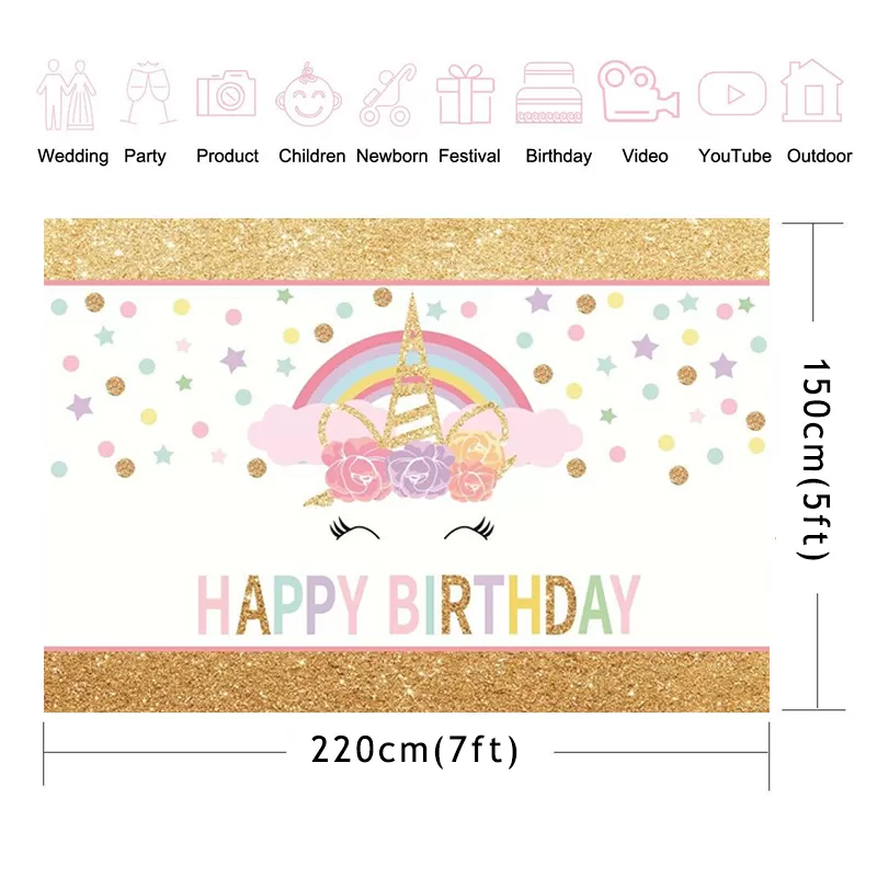 7x5FT Gold Glitter Stars Happy Birthday Unicorn Horn Mask Ra - image 2