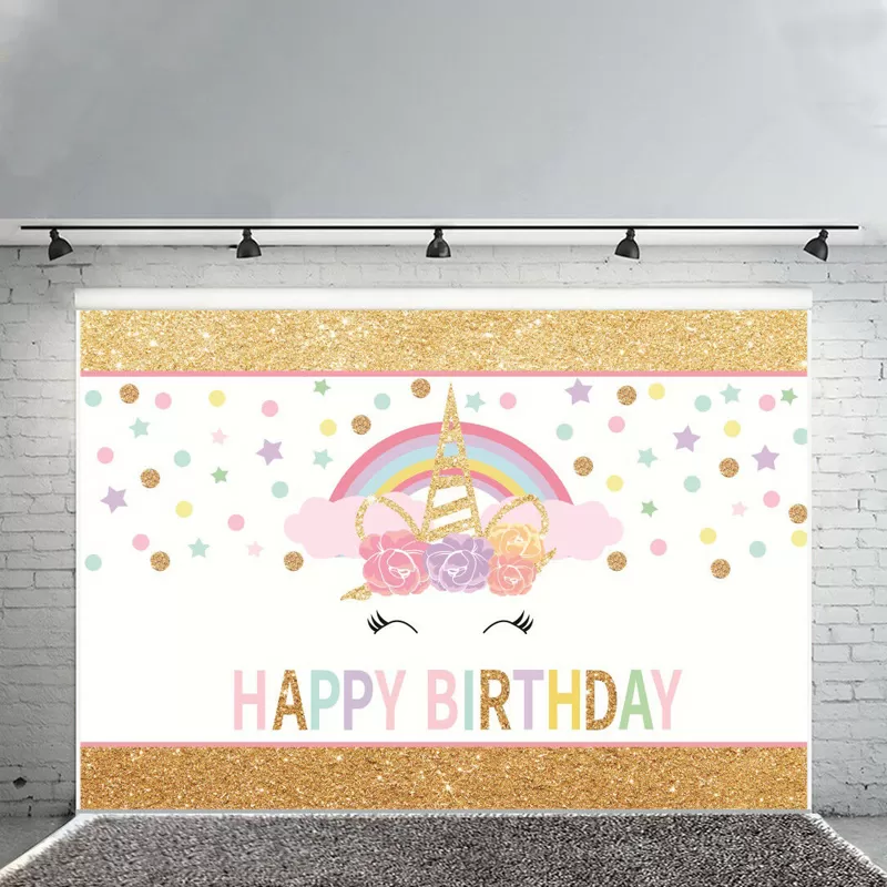 7x5FT Gold Glitter Stars Happy Birthday Unicorn Horn Mask Ra - image 3