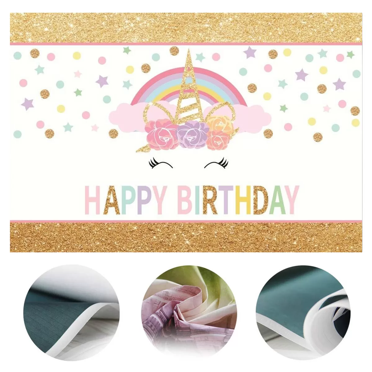 7x5FT Gold Glitter Stars Happy Birthday Unicorn Horn Mask Ra - image 4