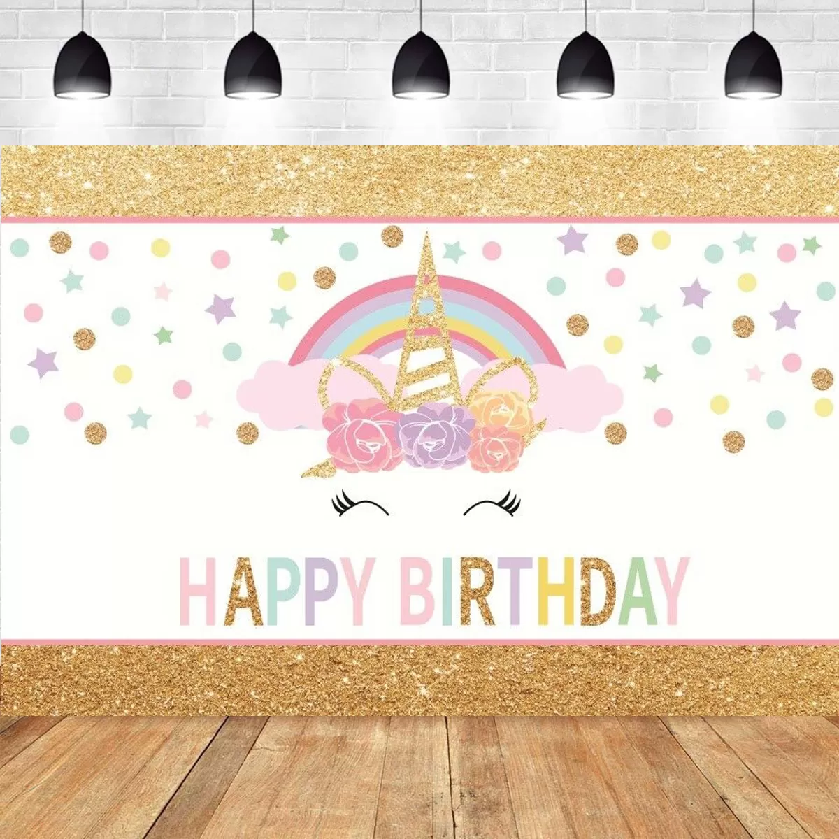 7x5FT Gold Glitter Stars Happy Birthday Unicorn Horn Mask Ra - image 5