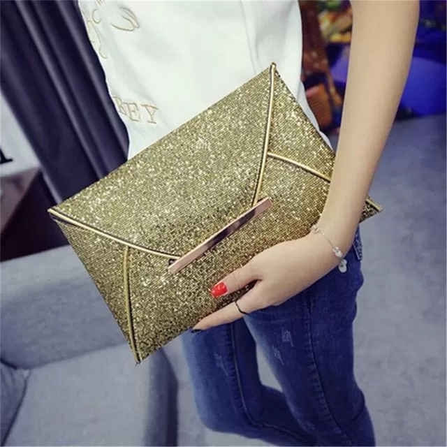 Gold Color Luxury Korean Design Sequins Envelope Bag PU Leat - image 2