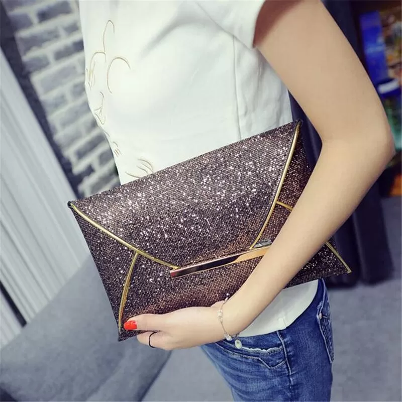 Gold Color Luxury Korean Design Sequins Envelope Bag PU Leat - image 3