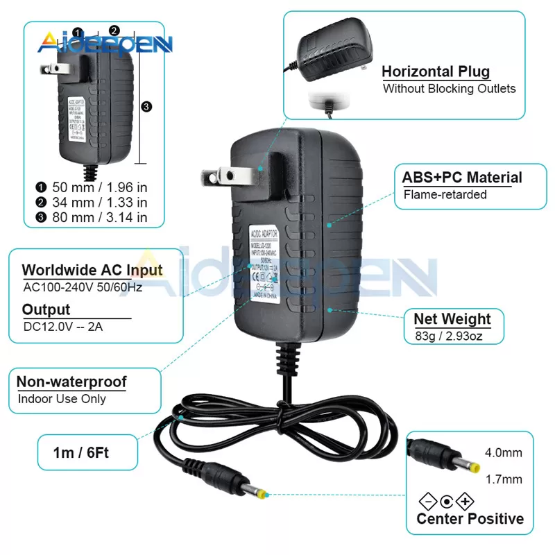 US/EU Plug Driver Adapter AC 100-240V to DC 12V 1-2A [4.0X1. - image 1