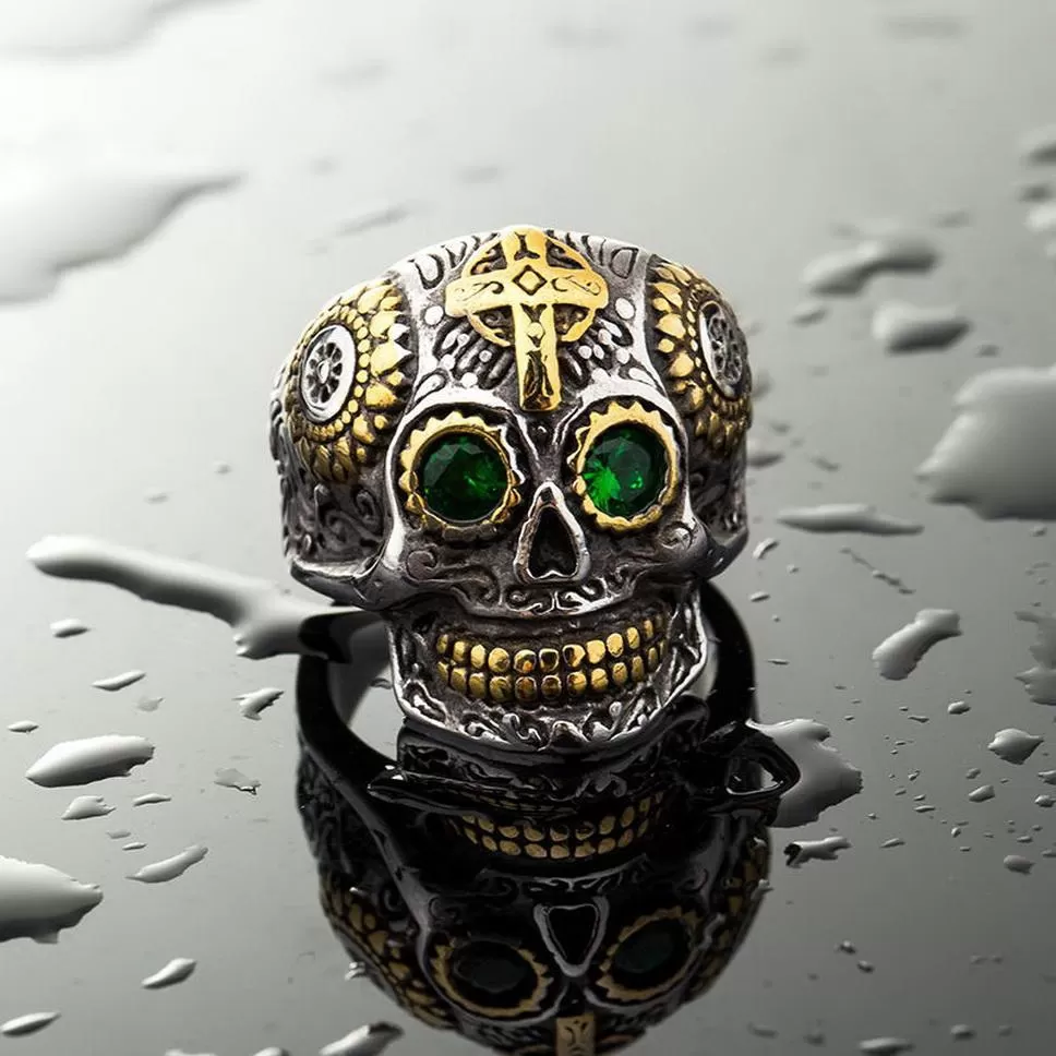 Vintage Lucky Devil Silver Skeleton Metal Earth Stone Ring U - image 2