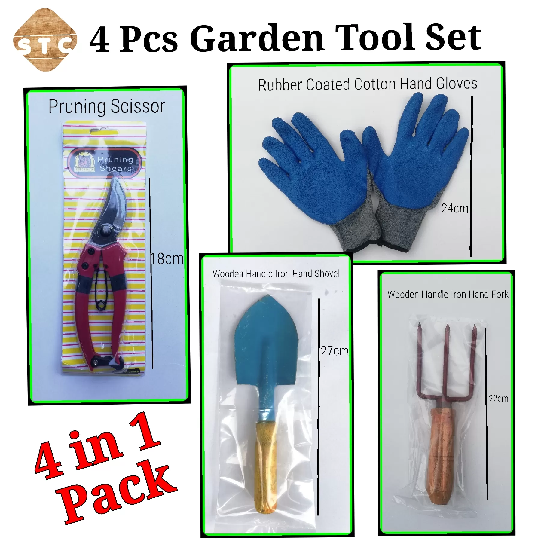 4 Pcs garden tool set , scissor,gloves,hand fork,shovel - image 1