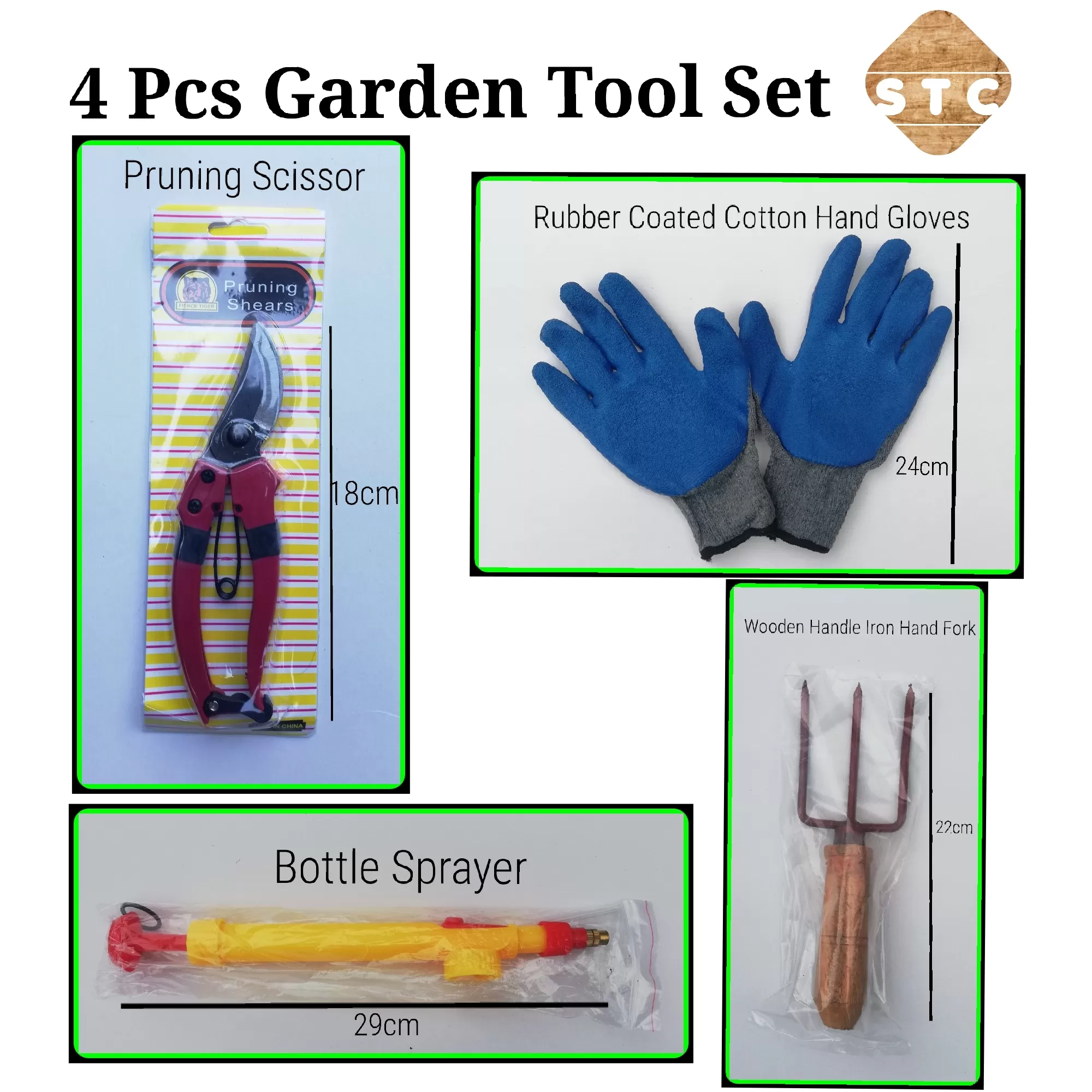 4 Pcs garden tool set , scissor,gloves,hand fork,sprayer - image 1
