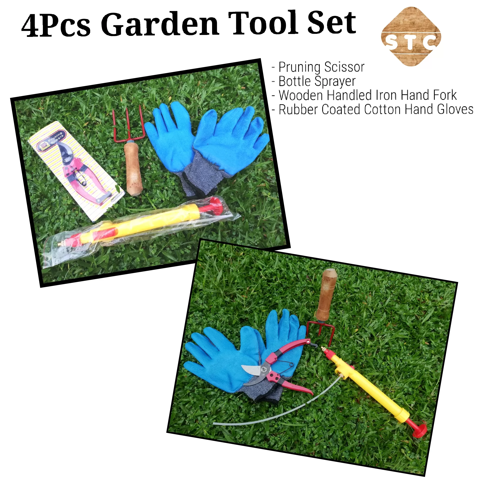 4 Pcs garden tool set , scissor,gloves,hand fork,sprayer - image 2