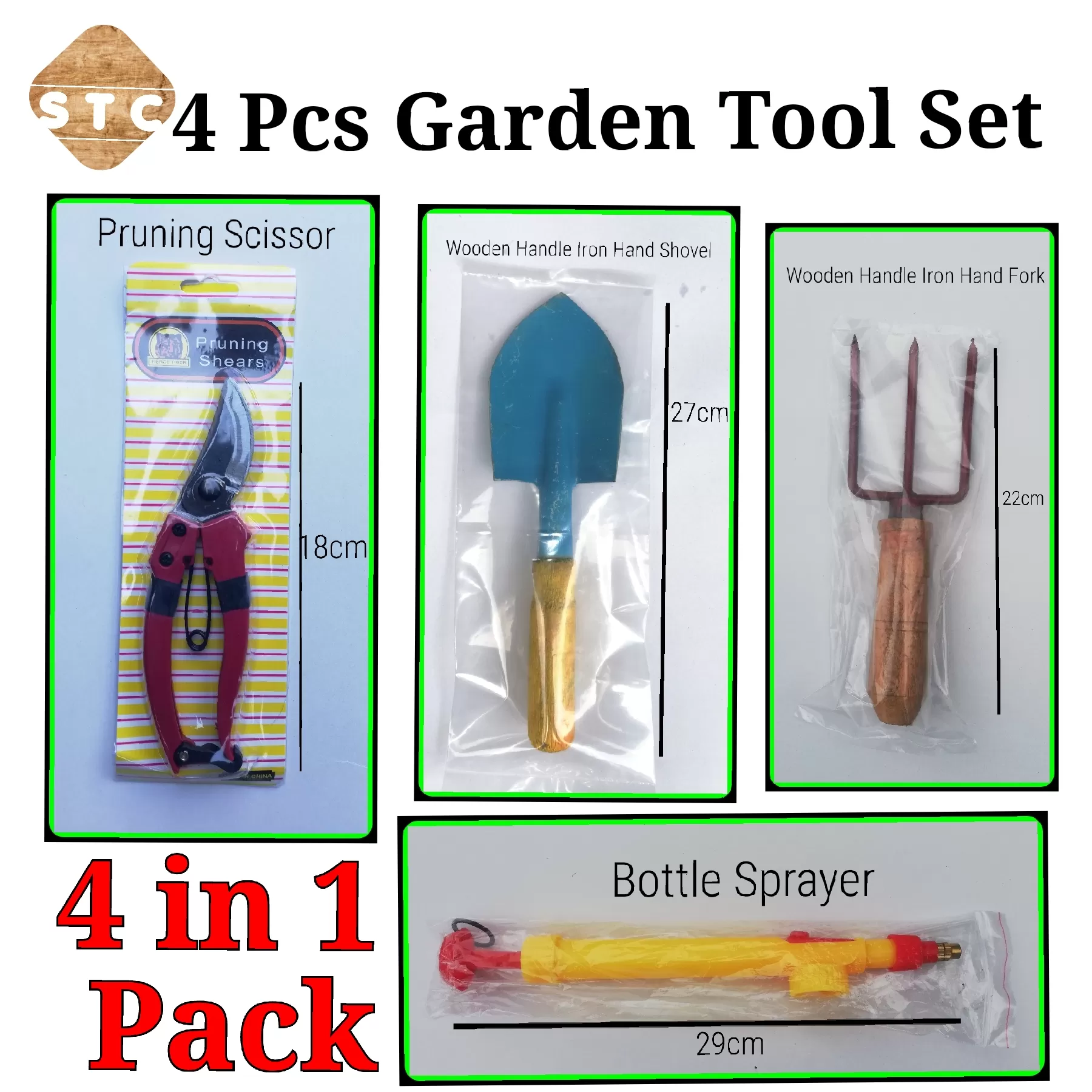 4 Pcs garden tool set , scissor,sprayer,hand fork,shovel - image 1