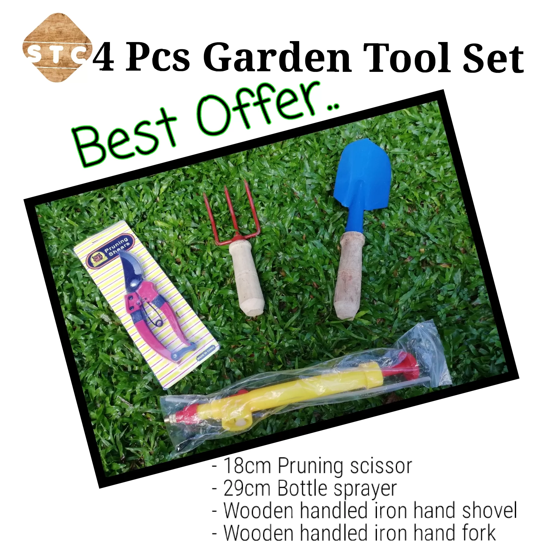 4 Pcs garden tool set , scissor,sprayer,hand fork,shovel - image 2