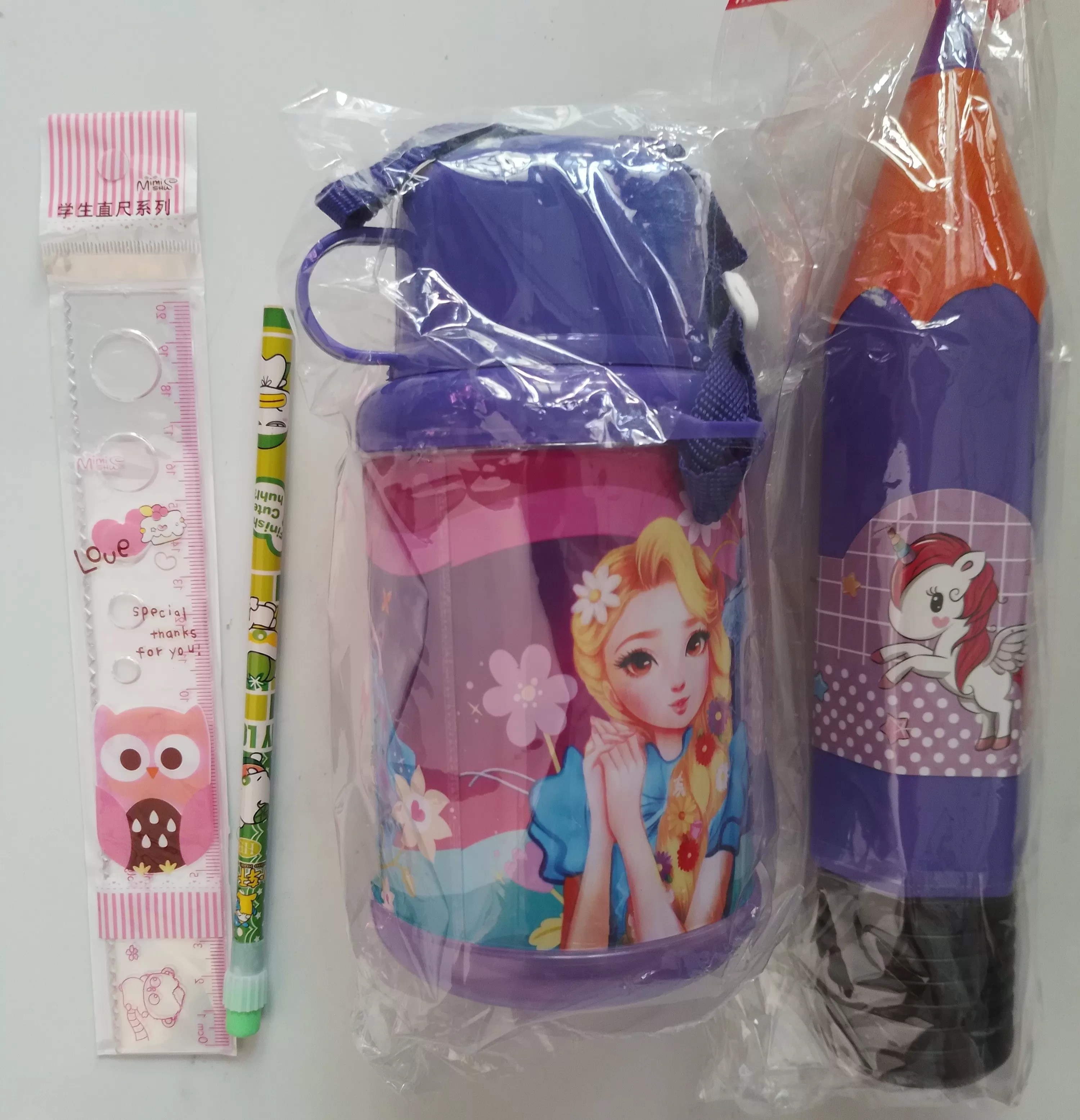 School itam / water bottle / pensil box /pensil 1/rull 1