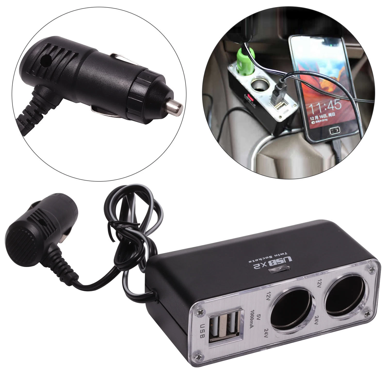 2 Socket Car Cigarette Lighter Power Splitter 120W USB