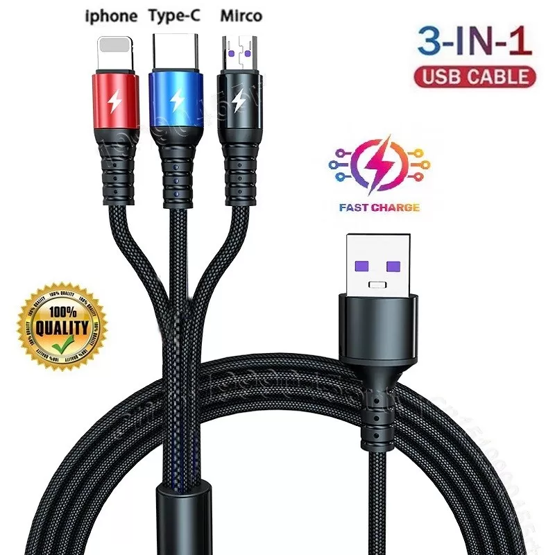 Fast Charging 3 in 1 USB Cable , Micro USB / Type C / lightn