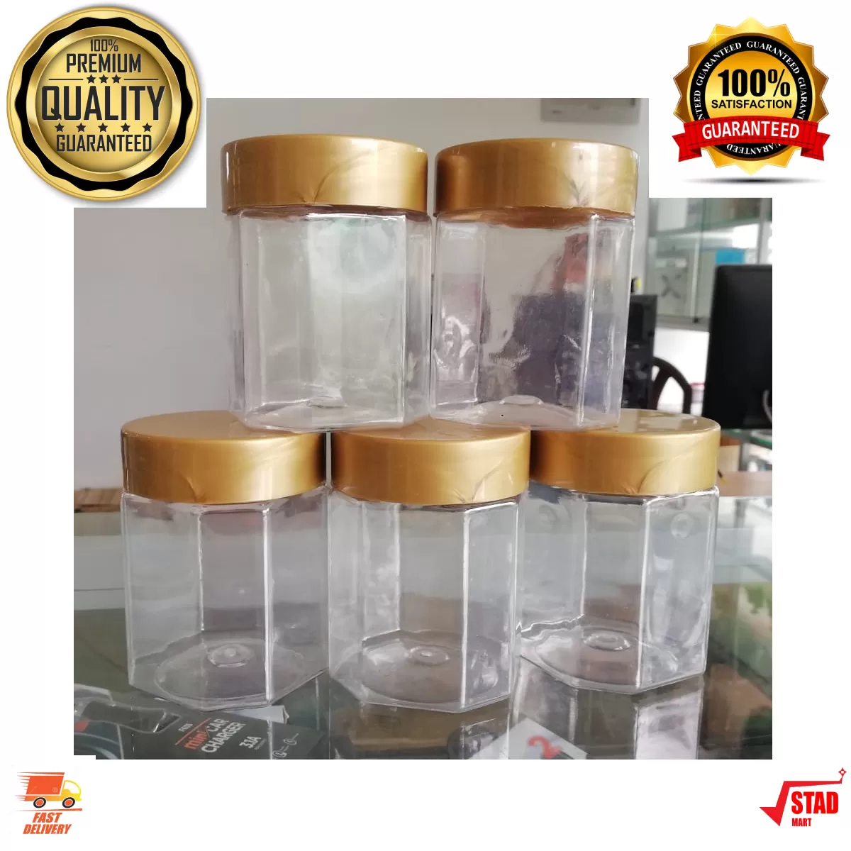 Gold 5 Pc Transparent Kitchen Spice Containers
