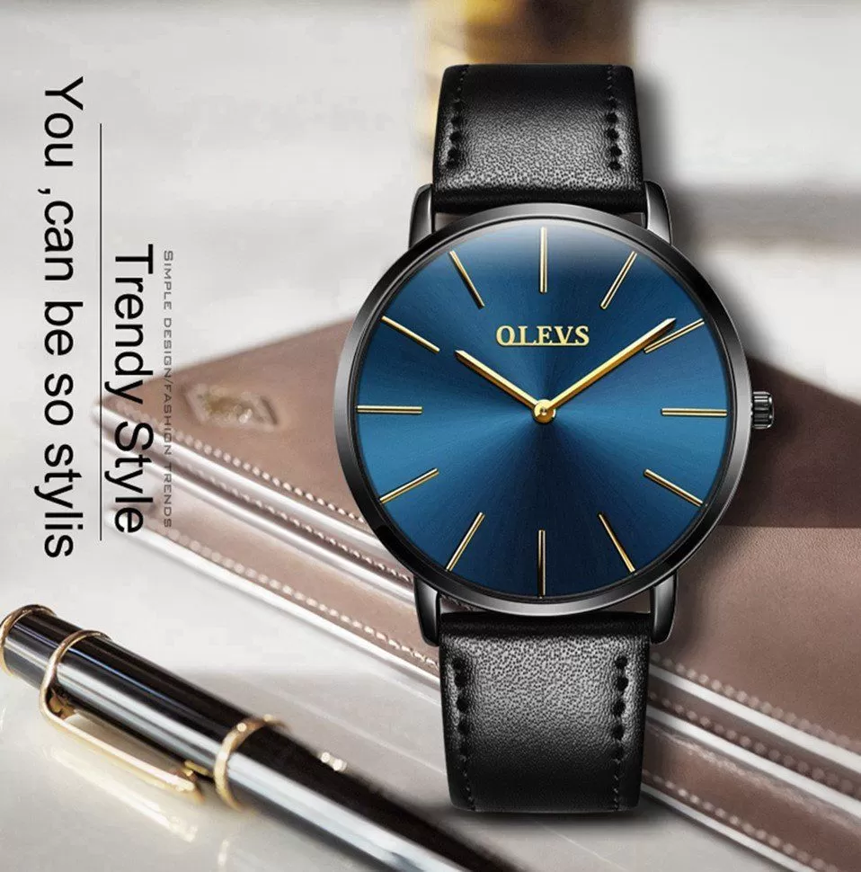 OLEVS Black Gents Fashion Leather Strap Wrist Watch - image 1