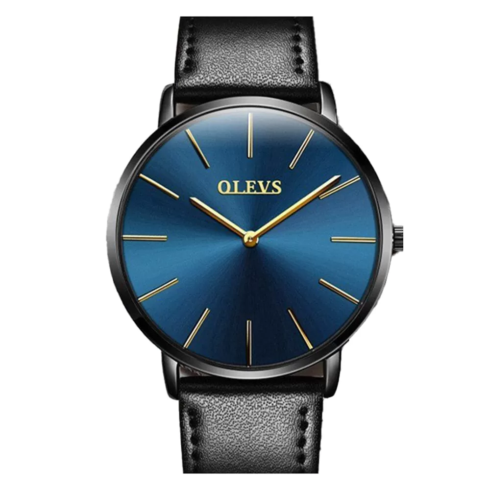 OLEVS Black Gents Fashion Leather Strap Wrist Watch - image 2