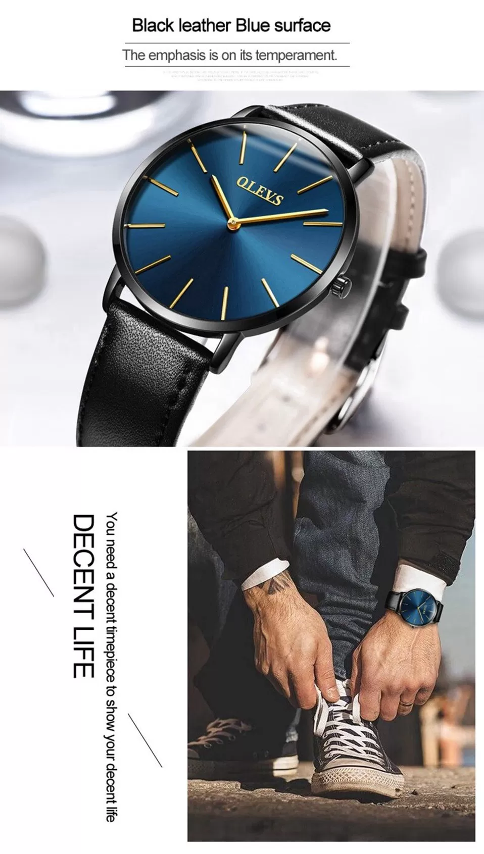 OLEVS Black Gents Fashion Leather Strap Wrist Watch - image 3
