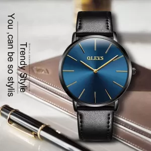 OLEVS Black Gents Fashion Leather Strap Wrist Watch