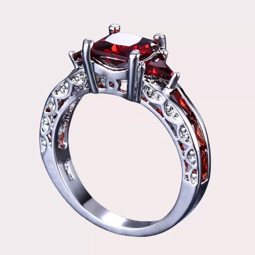 Luxury Natural Gem Red Square Stone Ring Silver Color Royal Design