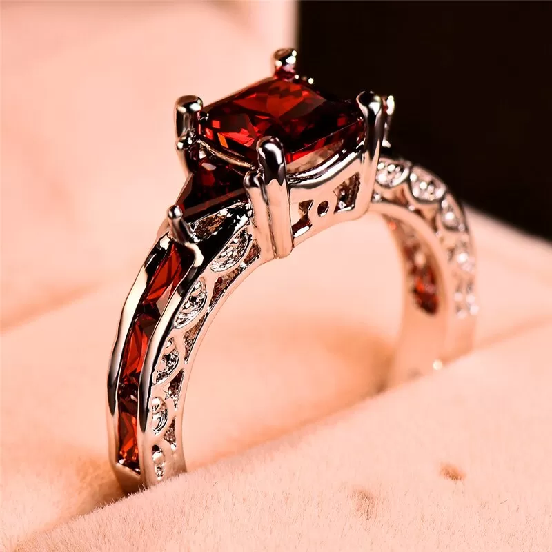 Luxury Natural Gem Red Square Stone Ring Silver Color Royal Design - image 3
