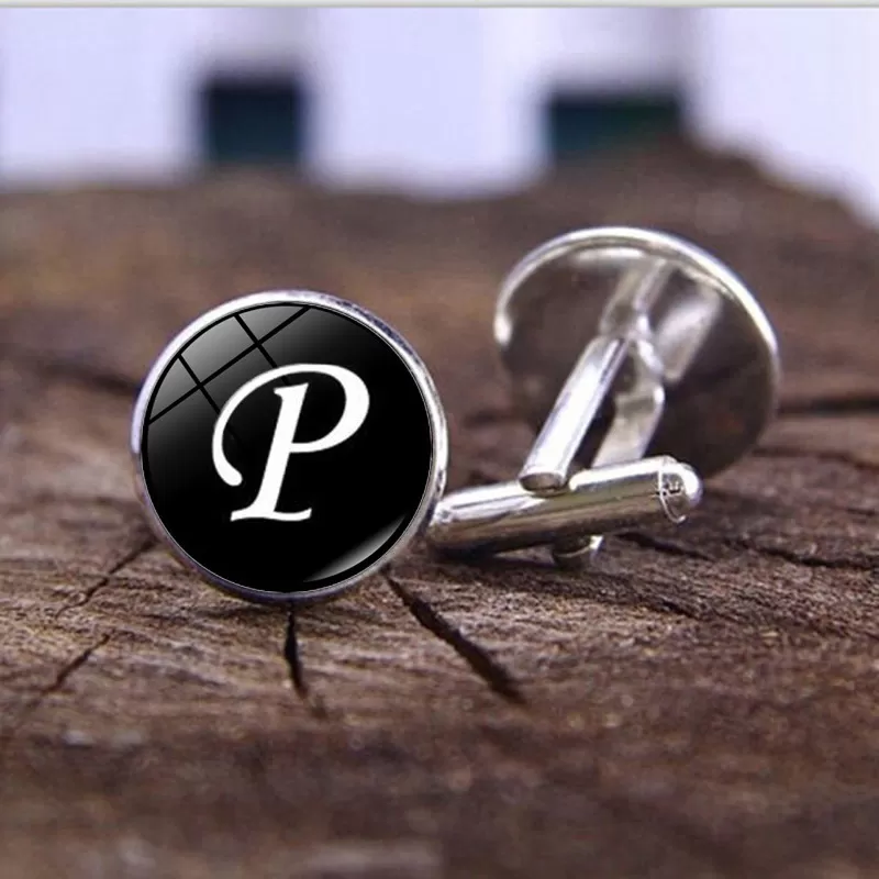 Generic Single Alphabet Cufflinks Silver/Black (P)