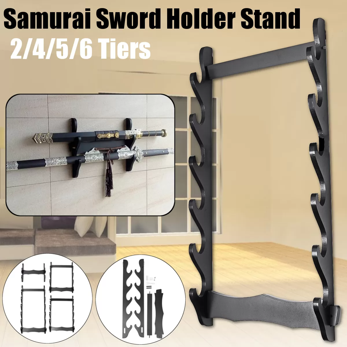 Generic 2 Tier Samurai Sword Wall Mount Holder Black