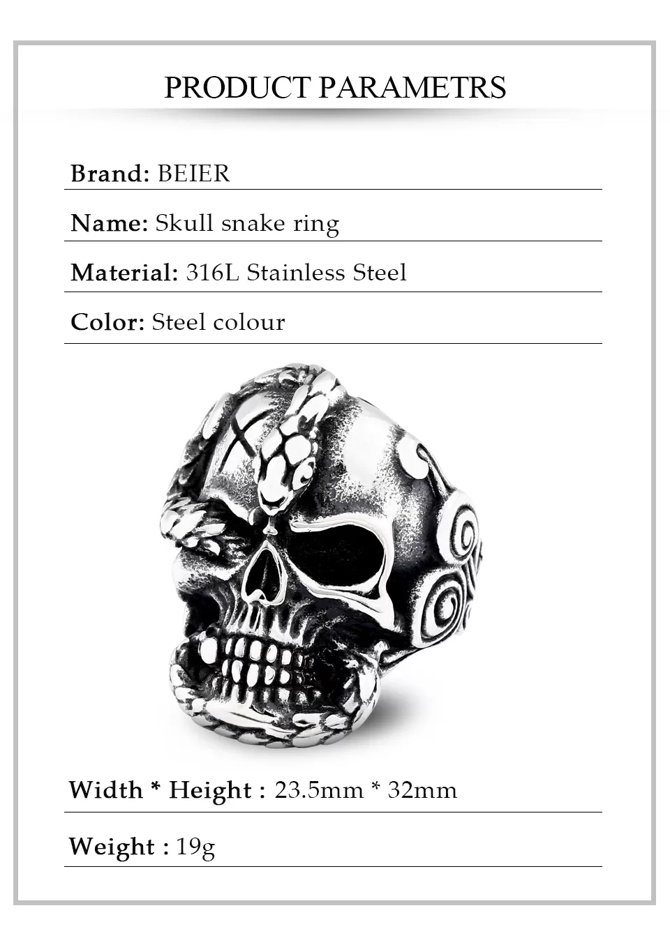 Devil Beier 316L Stainless Steel Skull Mens Rings Death Sna - image 4