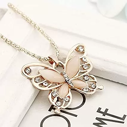 Generic Lady Rose Gold Opal Butterfly Pendant Necklace