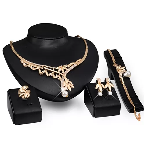 Leaf Design Faux Pearl Choker Earring Ring Set