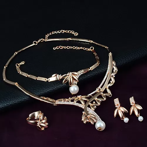 Leaf Design Faux Pearl Choker Earring Ring Set - image 2