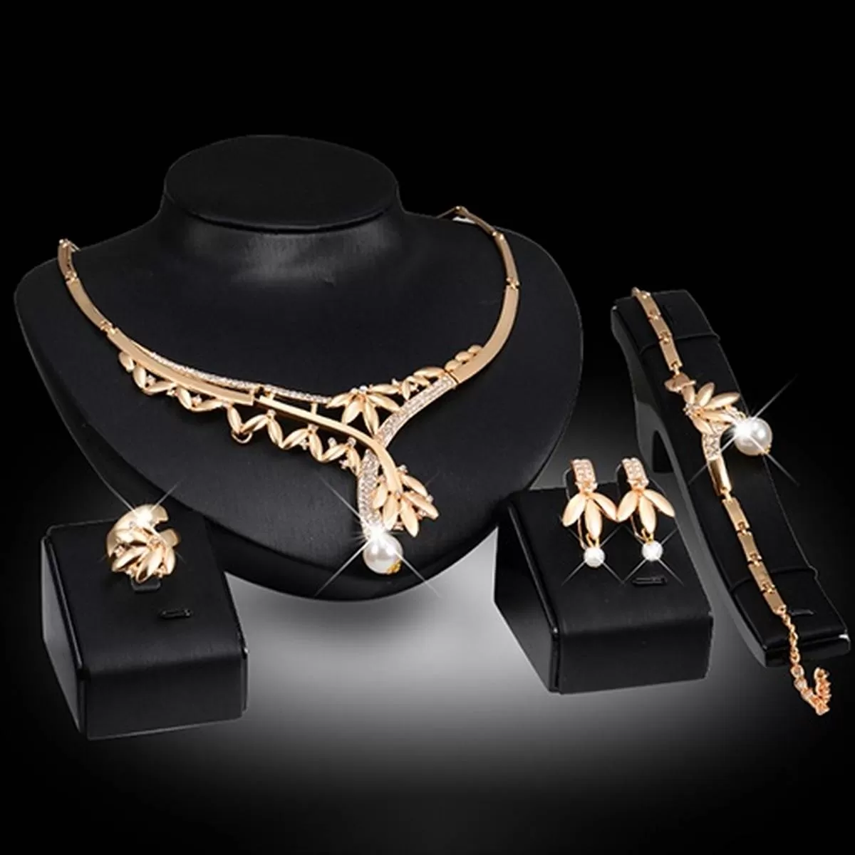 Leaf Design Faux Pearl Choker Earring Ring Set - image 3