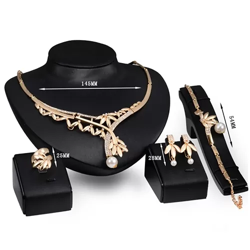 Leaf Design Faux Pearl Choker Earring Ring Set - image 6