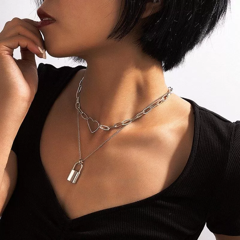 New Gen Silver Color Heart & Lock Pendant Necklace