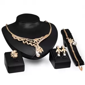 Leaf Design Faux Pearl Choker Earring Ring Set
