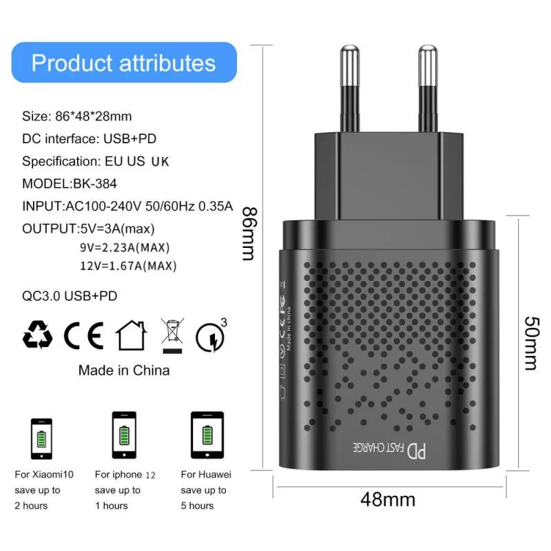 Universal BK-384 20W PD Quick Charger 3.0 USB/Type C Wall Charger - image 5