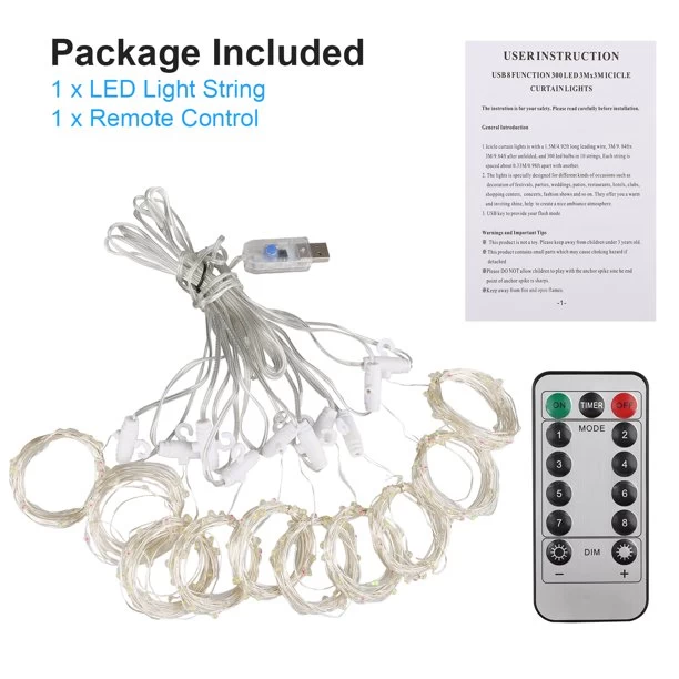 Generic Window Curtain String Light 8 Modes LED Fairy Lights With Remote - image 3
