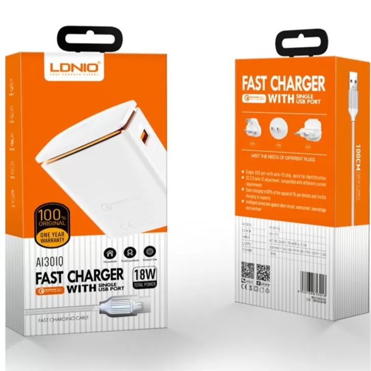 LDNIO A1301Q 18W QC3.0 Single USB Port Fast Charge Wall Charger - image 3