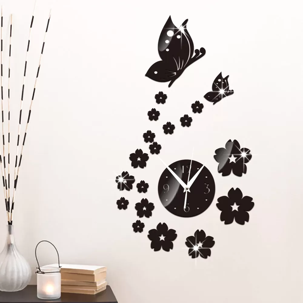 Generic Modern 3D Acrylic Butterfly Flower Mirror Wall Clock - image 2