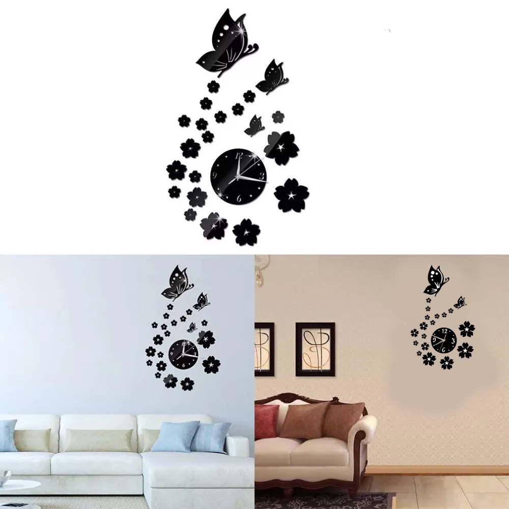 Generic Modern 3D Acrylic Butterfly Flower Mirror Wall Clock - image 3