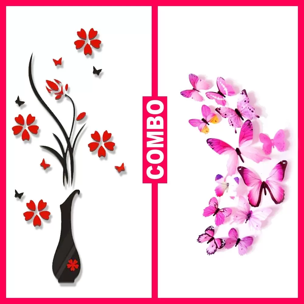 Generic 3D Butterfly Red Flower Vase Wall Decor Combo