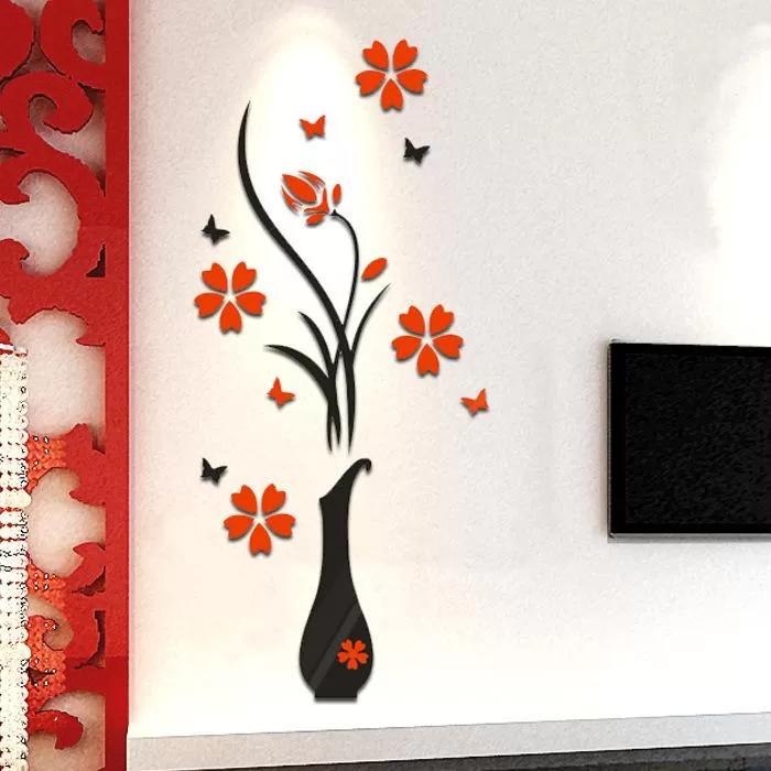 Relogio 3D DIY Wall Stickers - Red Plant Vase